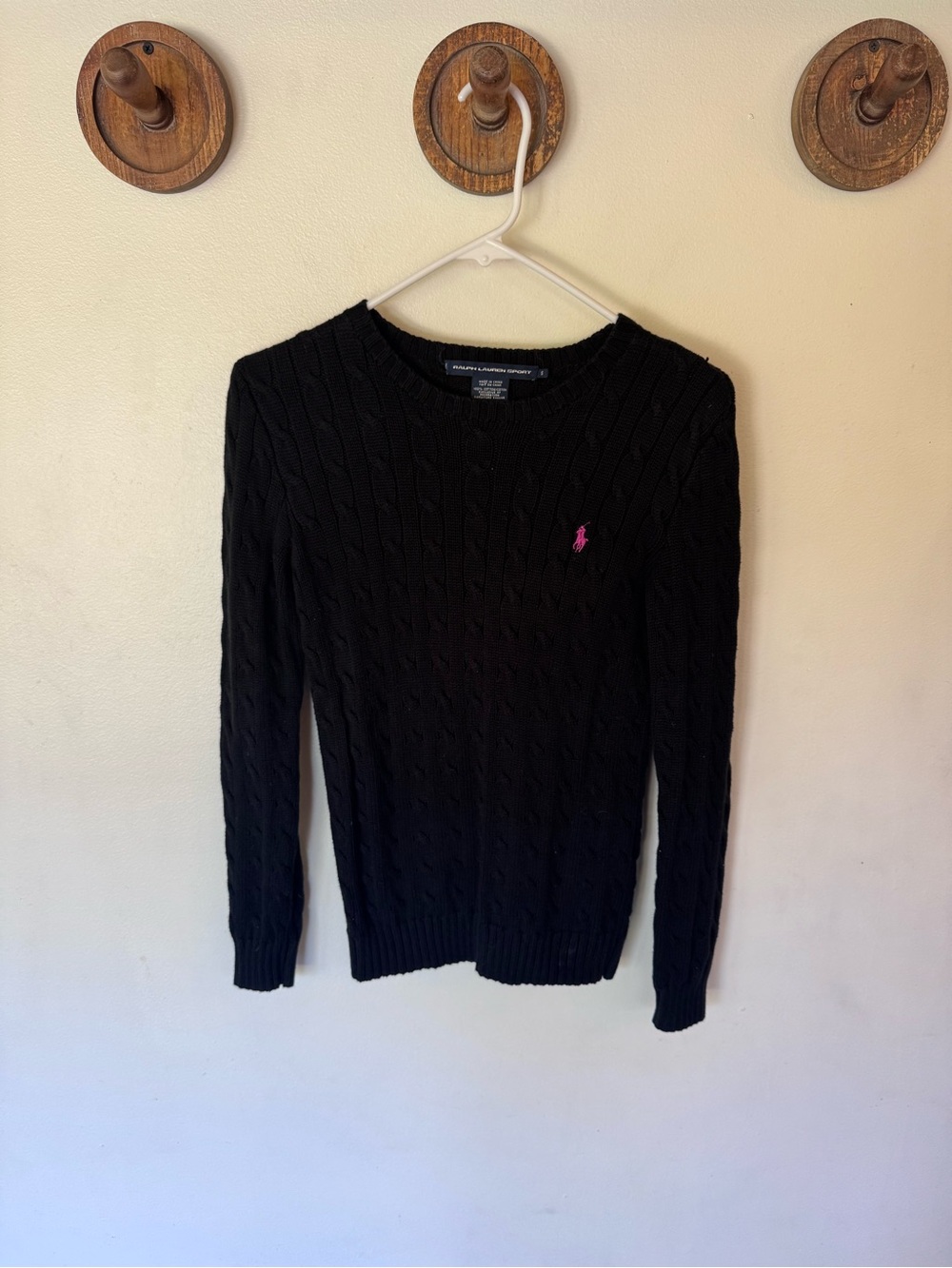 Ralph Lauren Sport Women’s Black Cable-Knit Sweater with Pink Pony small